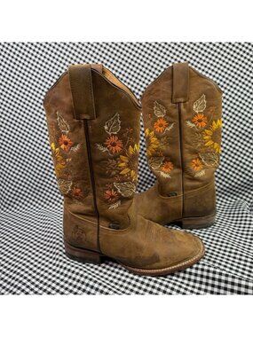 Reyme Floral Embroidered Cowboy Boots Brown Leather Sunflower Western Womens 7.5